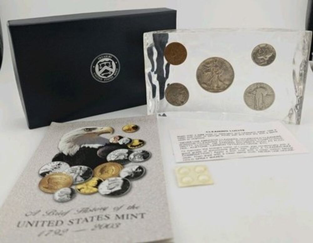 Vintage US 5 Coin Set Lucite Paperweight Box Indian Head Buffalo Walking
